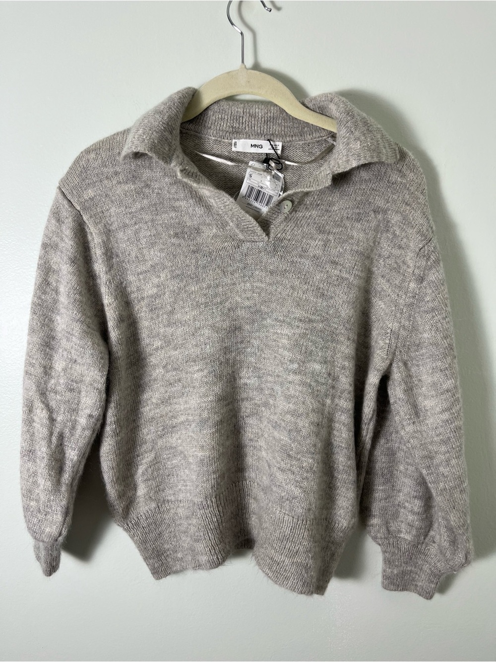 Mango Women's Light Heather Gray V-Neck Collared Knit Sweater